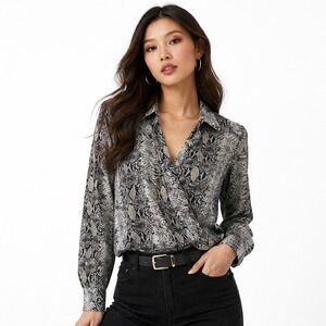 Endless Rose Goint Out Surplice Top Snake Print Black Tan Long Sleeve Size M